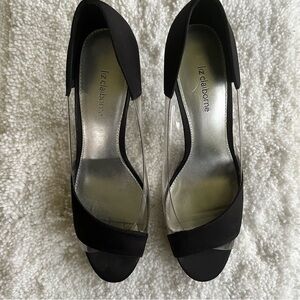 Liz Claiborne Women's Peep Toe High Heel Black Fabric with Plastic Sides Size 10